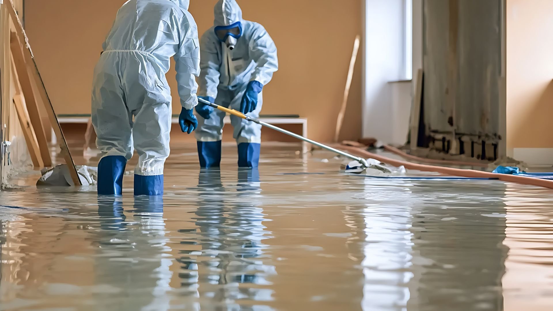 Workers in protective gear cleaning flooded room with mop