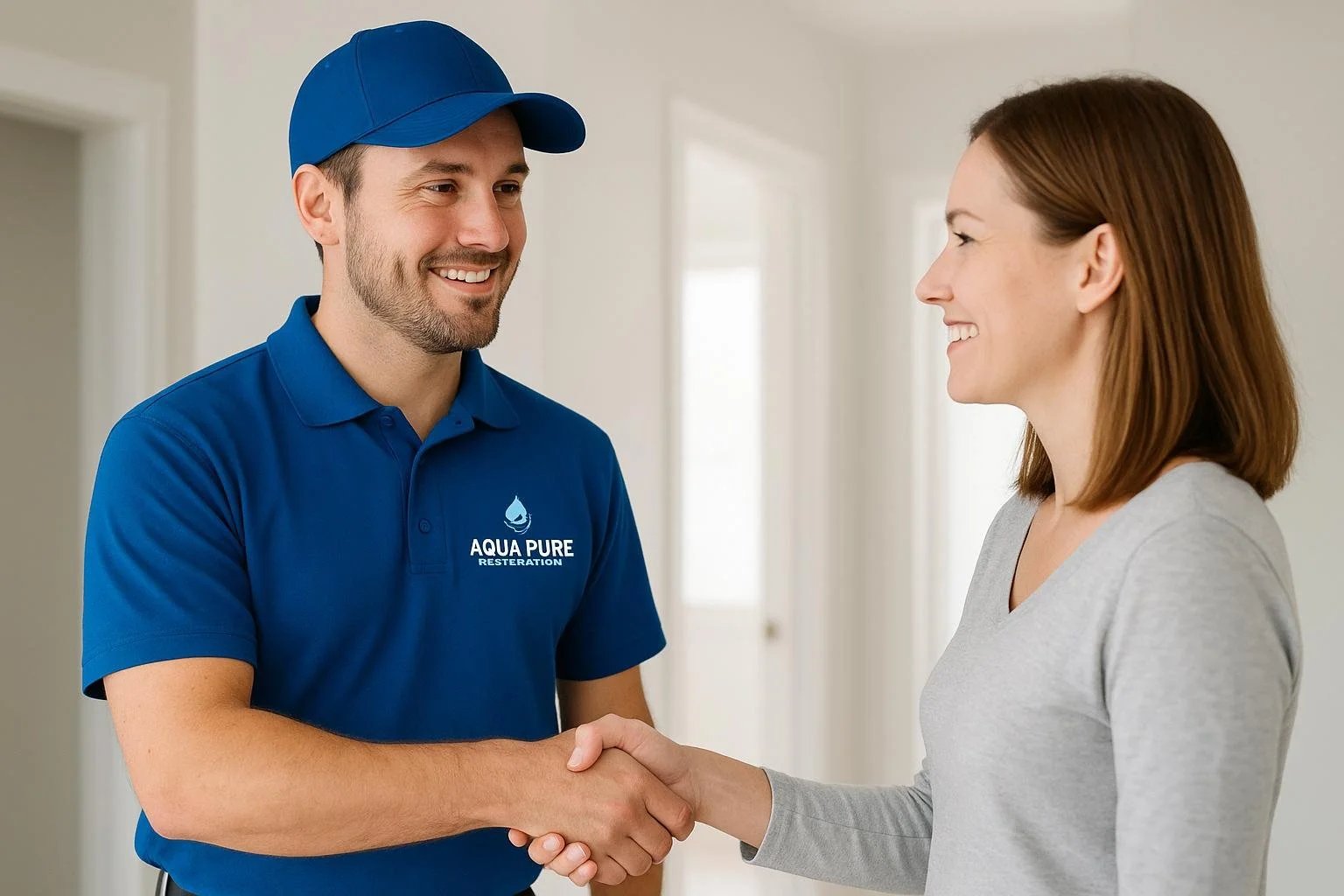 Aqua Pure restoration worker shaking hands with customer inside home
