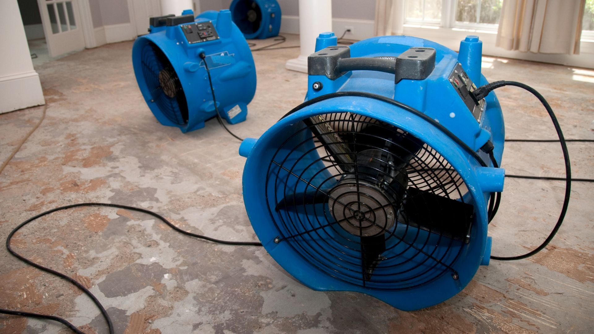 Blue industrial fans on concrete floor with electrical cords