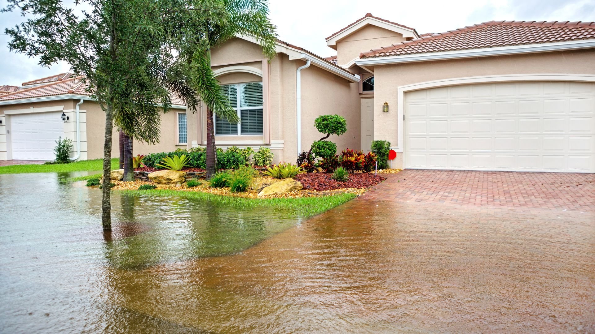 Flooded suburban home with landscaped yard and palm trees