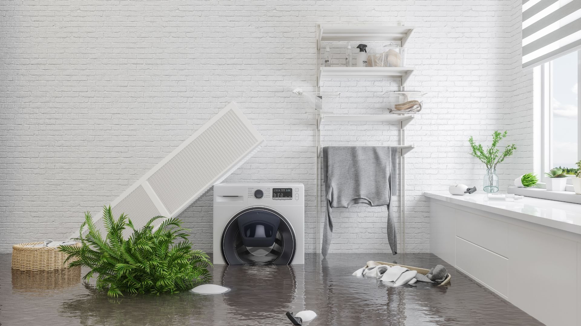Flooded laundry room with washing machine, plants, and scattered items