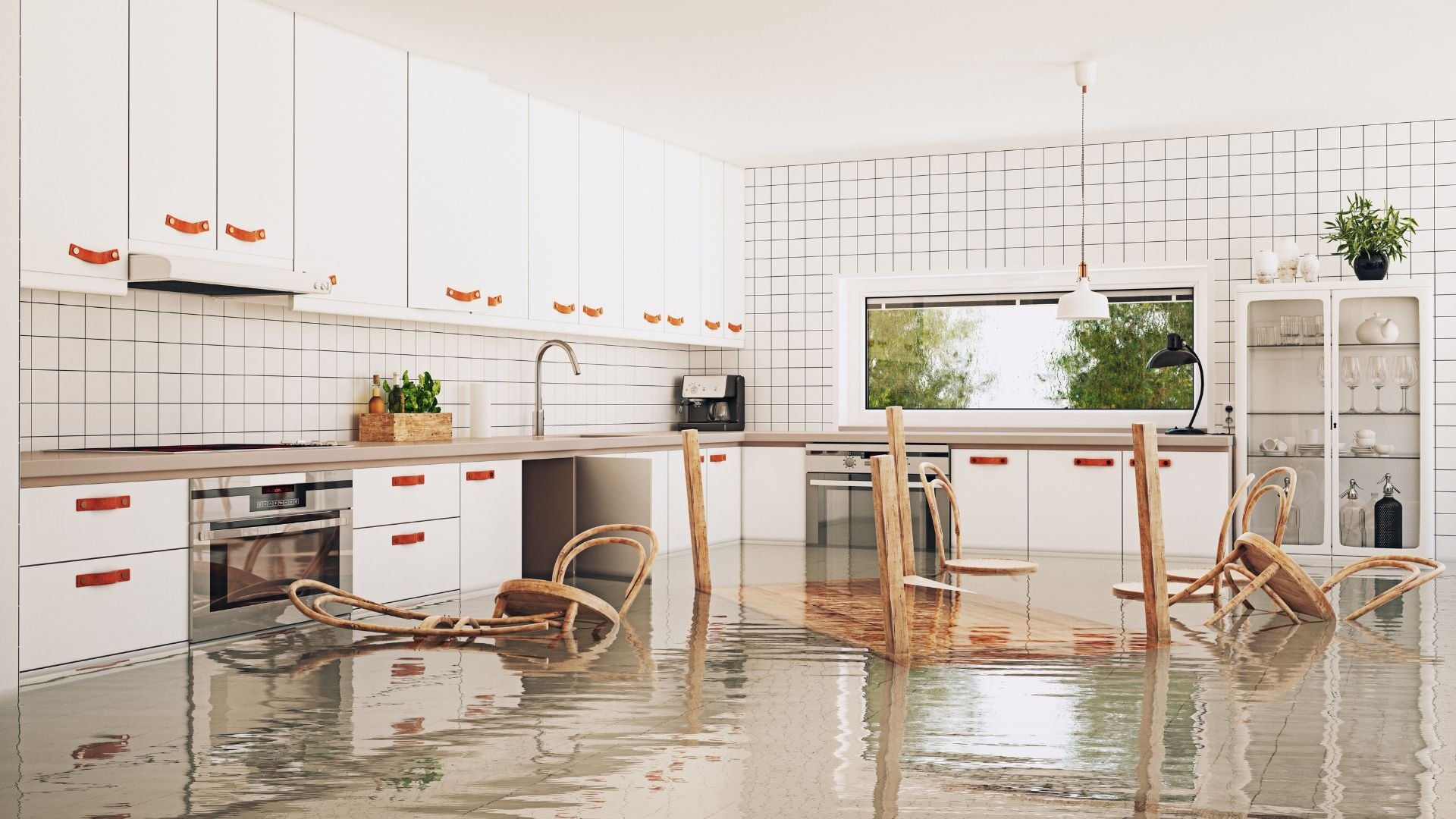 Flooded modern kitchen with wooden chairs floating on water
