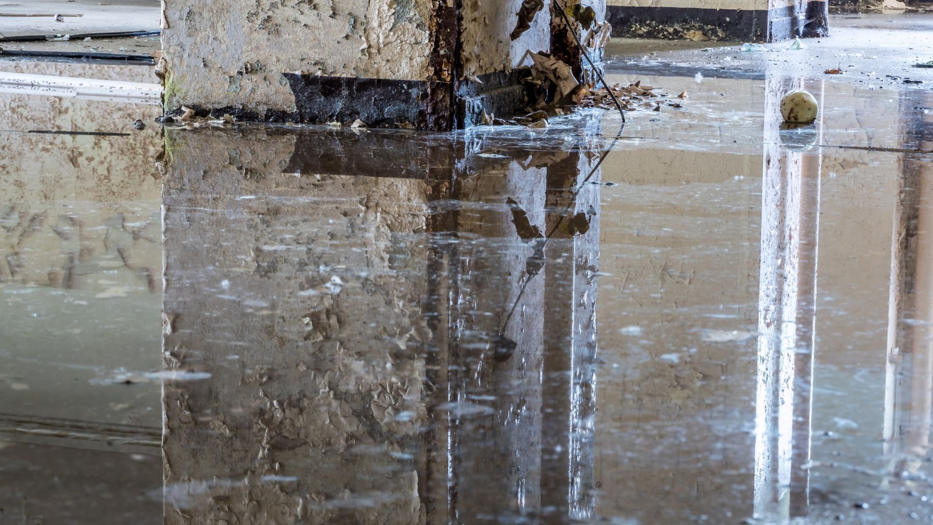 Puddle reflects damaged wall with scattered leaves and debris